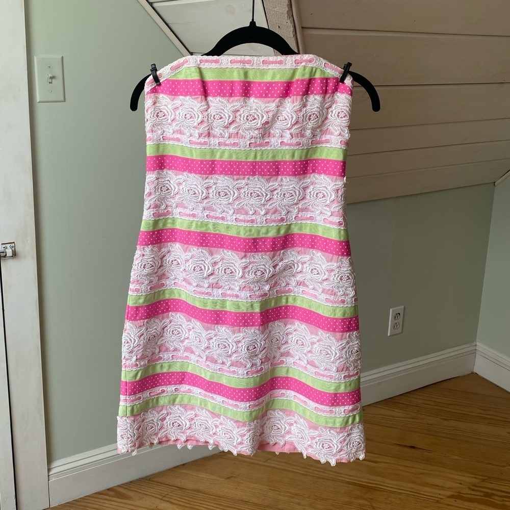 Lilly Pulitzer Dress 4 Strapless Pink Green White Lace Floral Polka Dot Ribbon - Picture 11 of 11